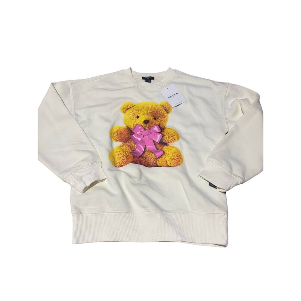 Forever 21 9/10 No Hard Feelings graphic bear with hot pink bow sweatshirt NWT